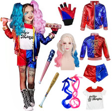 For Kids Girl Suicide Squad Harley Quinn Fancy Dress Cosplay Costume Wig Outfit