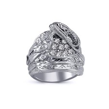 Mens Rhodium Plated Silver Jewelco London Round CZ Horse Rope Saddle Ring 20mm