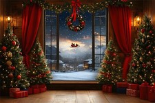 Christmas Window Snow Santa Claus Backdrop Photo Background Party Banner Decor