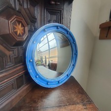 Vintage Round Blue Painted Convex Mirror 16 Diameter Regency Style Wall Hanging