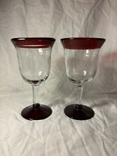 Set Of 2 Large Clear & Red Glass Wine Glasses Goblets