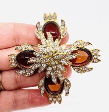 Large Catwalk Jon Amber Resin & Rhinestone Layered Maltese Cross Brooch New