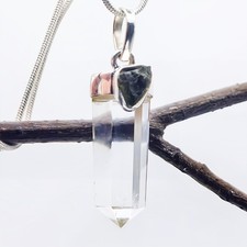 Moldavite Himalayan Quartz Point 925 Silver Small Pendant Natural Czech Tektite
