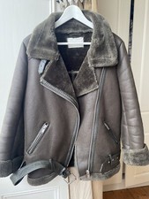 ZARA GREEN FAUX LEATHER SHEARLING FUR DOUBLE-FACED BIKER JACKET AVIATOR COAT S