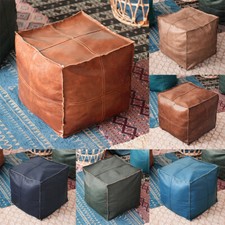 Square Moroccan Leather Footstool Cover Unstuffed Pouffe Pouf Handmade Ottoman
