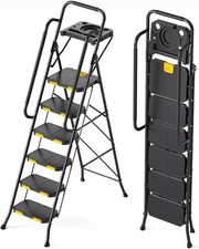 6 Step Ladder with Tool Platform Folding Step Stool with Handrails, Sturdy Steel