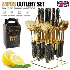 24PC CUTLERY DINNER SET STAINLESS STEEL METAL STAND RACK FORKS TEA SPOONS POLISH