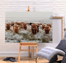 HERD HIGHLAND COWS 1 - DEEP FRAMED CANVAS WALL ART PICTURE PRINT- BROWN GREY