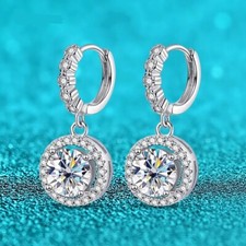 1ct Drop Earrings White Gold & Gift Box Lab-Created Diamond Test Pass Round Cut