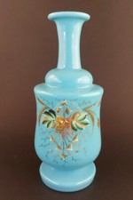 Vintage Bristol Blue Opaline Pedestal Glass Vase Hand Blown Leaves Gold 7.5"
