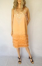 Vintage 1930's peach flapper dress, fringe sequin beaded, satin fabric, small