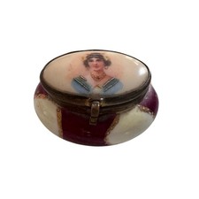 Antique Porcelain Trinket Jar w/ Lady Portrait – Hinged Lid Victorian Box