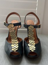 Chie Mihara Teal and Gold Disc T-Strap Heel Size 39/UK 6/US 8