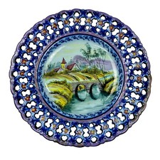Alcobaca Majolica Hand Painted Flow Blue Pierced Plate Wall Plaque Portugal 14”
