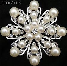 2.1" SILVER FAUX PEARL FLOWER BROOCH RHINESTONE CRYSTAL WEDDING BRIDAL BROACH UK