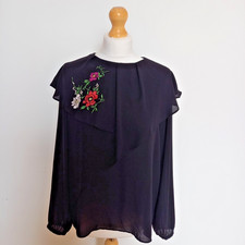 Zara M Black Double Frill Embroidered Blouse Top Long Sleeve