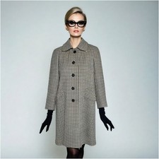Vintage 60s Mod JAEGER Pure Wool Houndstooth Coat | UK 12 | Black Cream Dogtooth