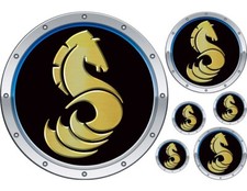 Beneteau Horse Round Sticker Set. Black background