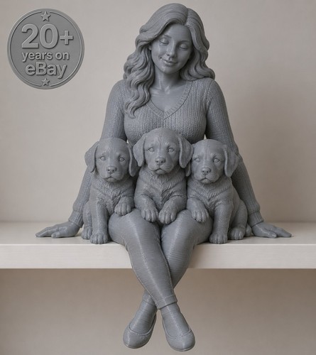 Three puppies woman shelf - on,