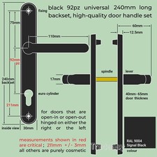Black Door Handles for uPVC sprung 240mm lever replacement set 92pz front patio