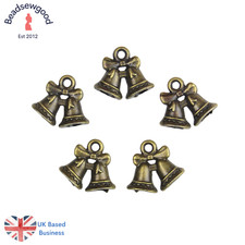 10 Antique Finish 3D Double Bell Church Charms with Bow Xmas Wedding Pendants