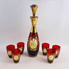Vintage Murano Style Red & Gold Glass Decanter  6 Hand Painted Enamel Glasses