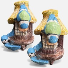 Blue Tit Wall Mounted Bird Feeder Ornaments  Pair Vintage Hand Painted Concrete