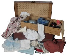 54 Pc Antique Doll Clothing Lot & Steamer Trunk Wardrobe Box Dollhouse 18"