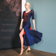 NEW Latin Ballroom Dance Dress Modern Salsa Waltz Standard Long Dress#G499 Blue