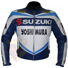 SUZUKI PERFORATED BLUE MOTORBIKE ARMOURED PROTECTION COWHIDE LEATHER JACKET