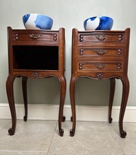 Pair Quality French NF Meuble Tricoire Carved Cherrywood Bedside Drawers Tables