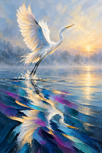 Original hand painted - hand, egret