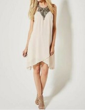 Little Mistress beige / cream swing dress embellished neckline UK 6 tags Defects