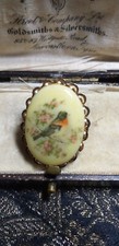 VINTAGE Small Goldtone Framed Cream/Red/Pink/Green Bird Transfer Printed BROOCH