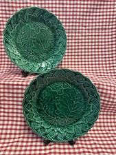 Pair Of Vintage Green Majolica cabbage Leaf 8” Plates Basket Weave Design