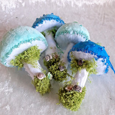 Four Hanging Handcrafted Toadstool Decorations Moss Snail shells