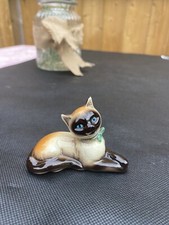 Vintage Goebel Siamese Cat Porcelain Figure Ornament / Blue Eyes/ Green Ribbon.