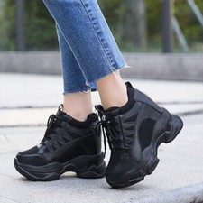 Ladies Lace Up Hidden Wedge Heel Sneakers Trainer Casual Platform Shoes Creepers