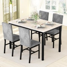 4 Seater Dining Table Set Marble Top & Velvet Chairs Modern Beige Grey