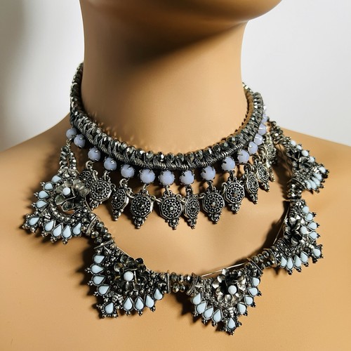 Oxidised silver bib choker - oxidised,