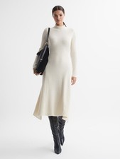 REISS Kris Wool Blend Bodycon Midi Dress in Cream Size S (UK Size8/10)