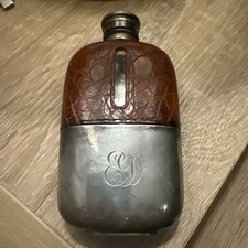 Vintage Hip Flask Glass with metal and Leather Casing (engraved ED)
