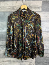 Zara Basic Womens Blouse Top Size XS Brown Chain Print Graphic Pussy Bow