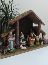 Vintage Christmas Nativity Set 13 Piece Porcelain with Wood Creche Stable