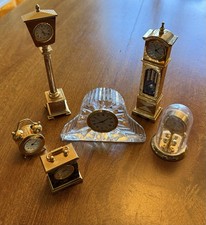 Collection Of small 6 Miniature Clocks Gold Plated . Quartz, Glass , Grandfather