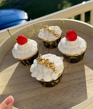Faux Cupcakes | Display Cakes | Fake Food Decor GOLD & CHERRIES 4 PCS  