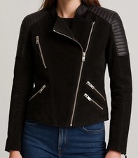 Women's MNG mango leather suede black jacket biker coat silver L