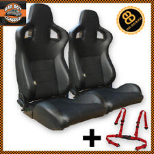 Pair Black BB6 Reclining Titling Bucket Sports Seats + 4 Point Racing Harnesses