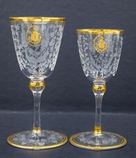 Pair of Armorial Bohemian Moser art Glass Cordials - Engraved  Gilded Gold