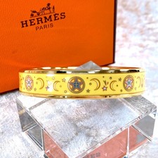 Vintage Hermes Enamel Bangle Bracelet Yellow Star Moon Gold Rim Size 65 w/Case